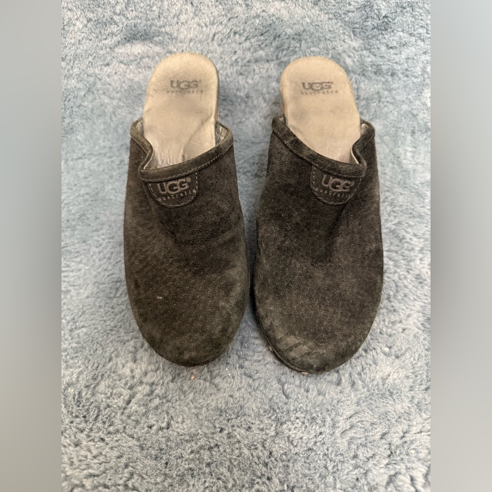 UGG Australia Shoes Womens Size 7 Black Suede Leather Abbie Wooden Clog Mules